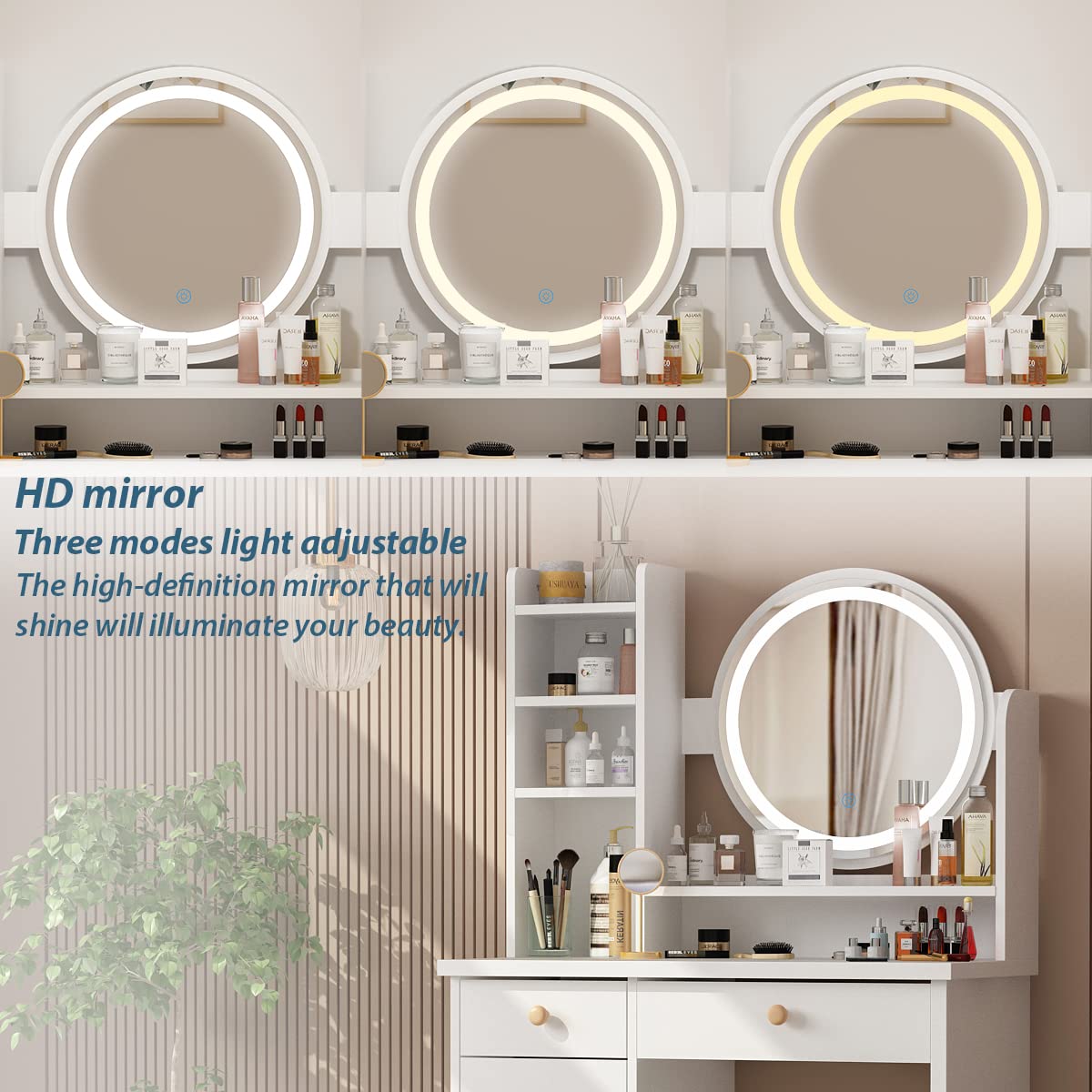 AGOTENI Large Vanity Table Set Makeup Vanity Dressing Table with Mirror, 5 Drawers & Shelves, Dresser Desk and Cushioned Stool Set (White Lighted Mirror)