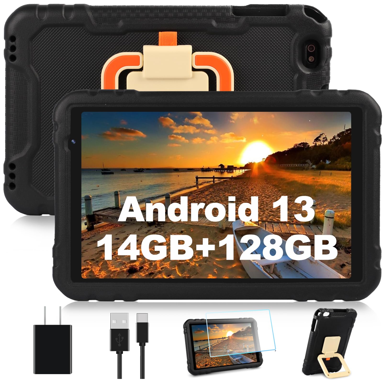 2024 Tablet 10 inch Android 13 Tablets with 14GB RAM 128GB ROM, Octa-Core, 8000mAh, Drop-Proof Case, HD IPS Display, 5G+2.4G WiFi, Bluetooth 5.0, GPS, TF 1TB, Split Screen Support,Metal Body -Black