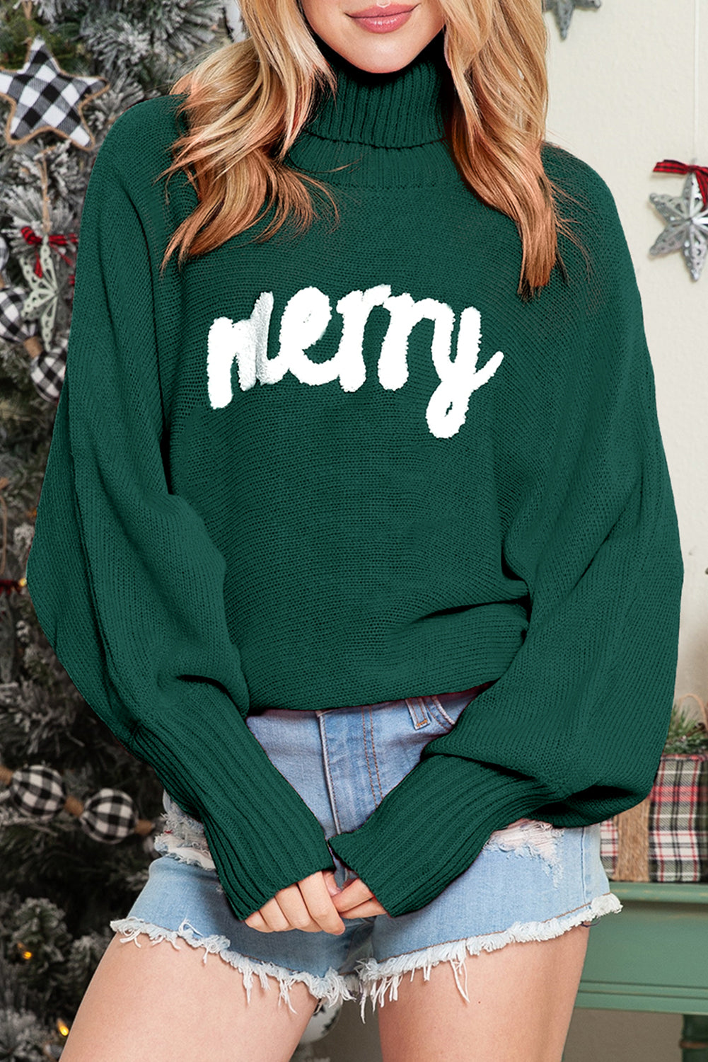 Green Turtle Neck Batwing Sleeve Merry Christmas Sweater