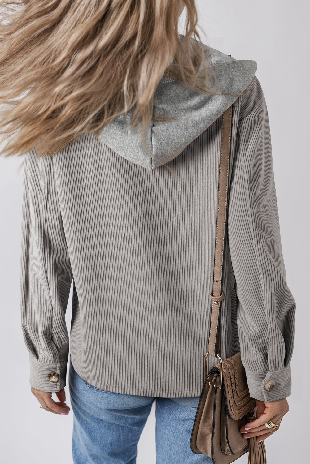 Light Grey Pockets Drawstring Hooded Corduroy Shacket