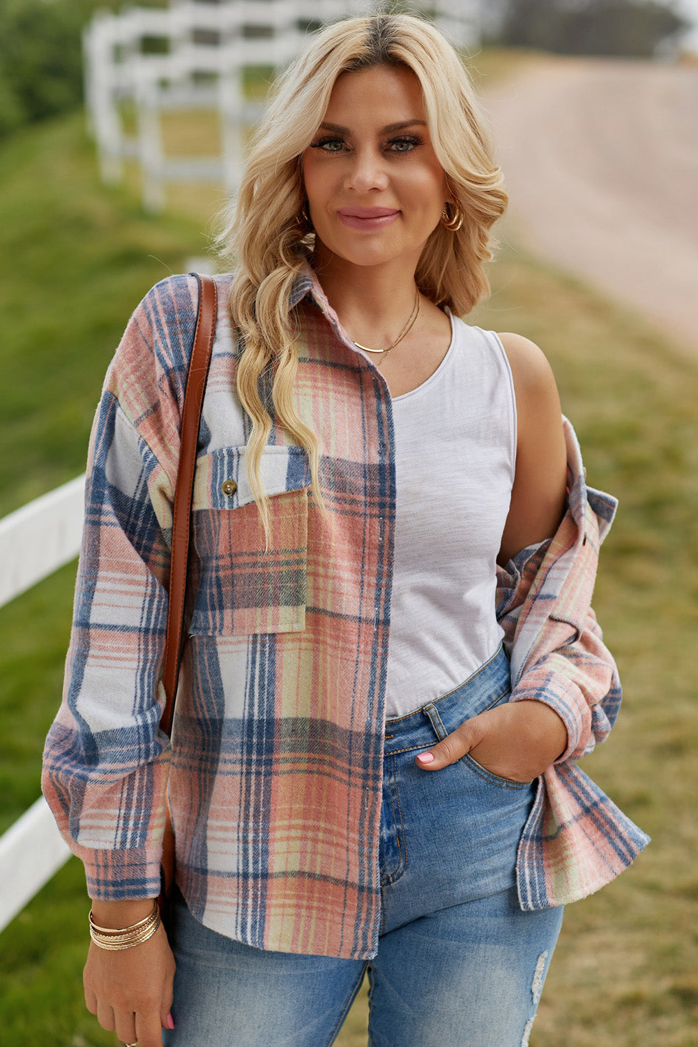 Gold Flame & Grey Plaid Button Up Collared Flannel Shacket