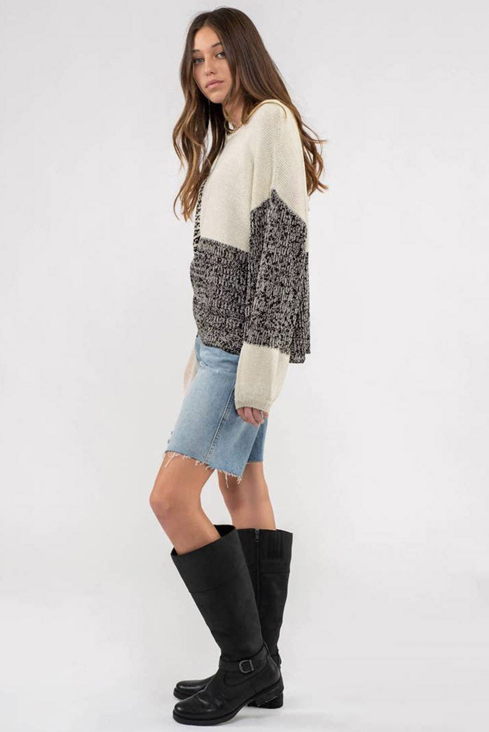 Black Patchwork Tie Back Drop Shoulder Knit Sweater