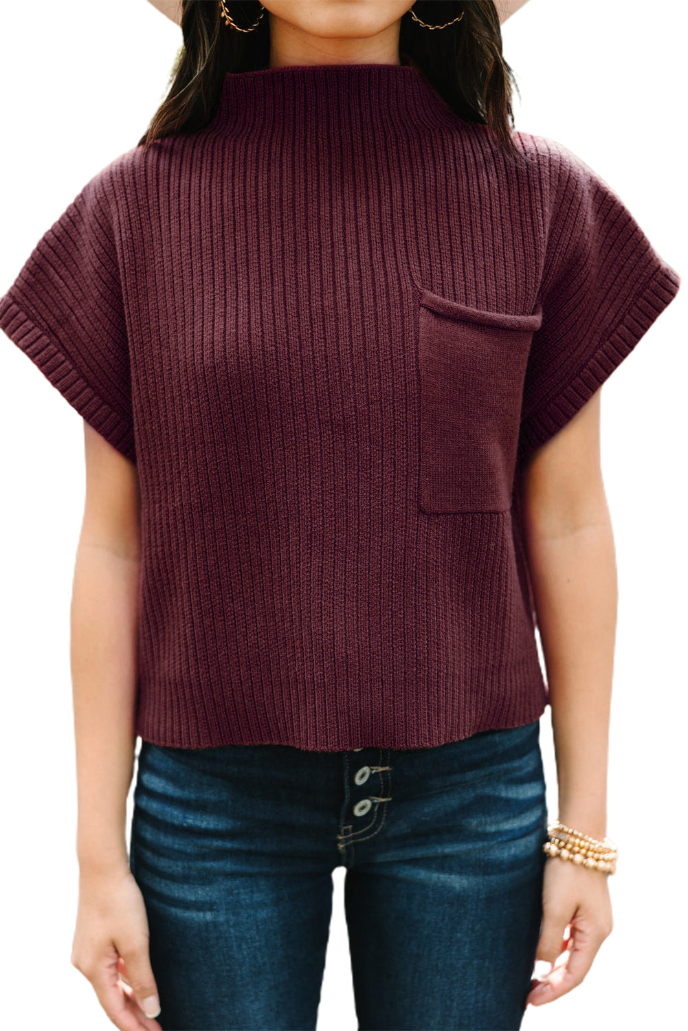 Gold Flame Patch Pocket Ribbed Knit Short Sleeve Sweater