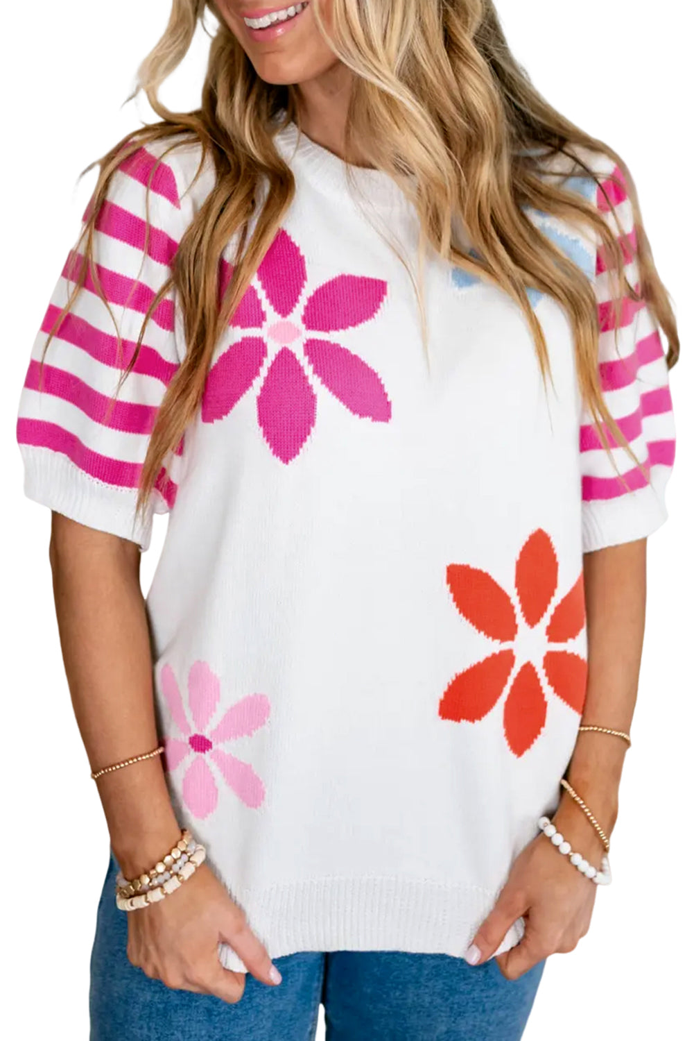 White Colorful Floral Print Striped Sleeve Knitted Tee