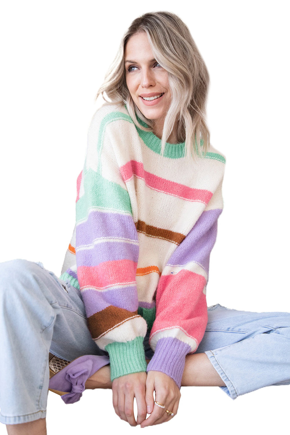 Multicolor Striped Print Drop Shoulder Pullover Crew Neck Sweater