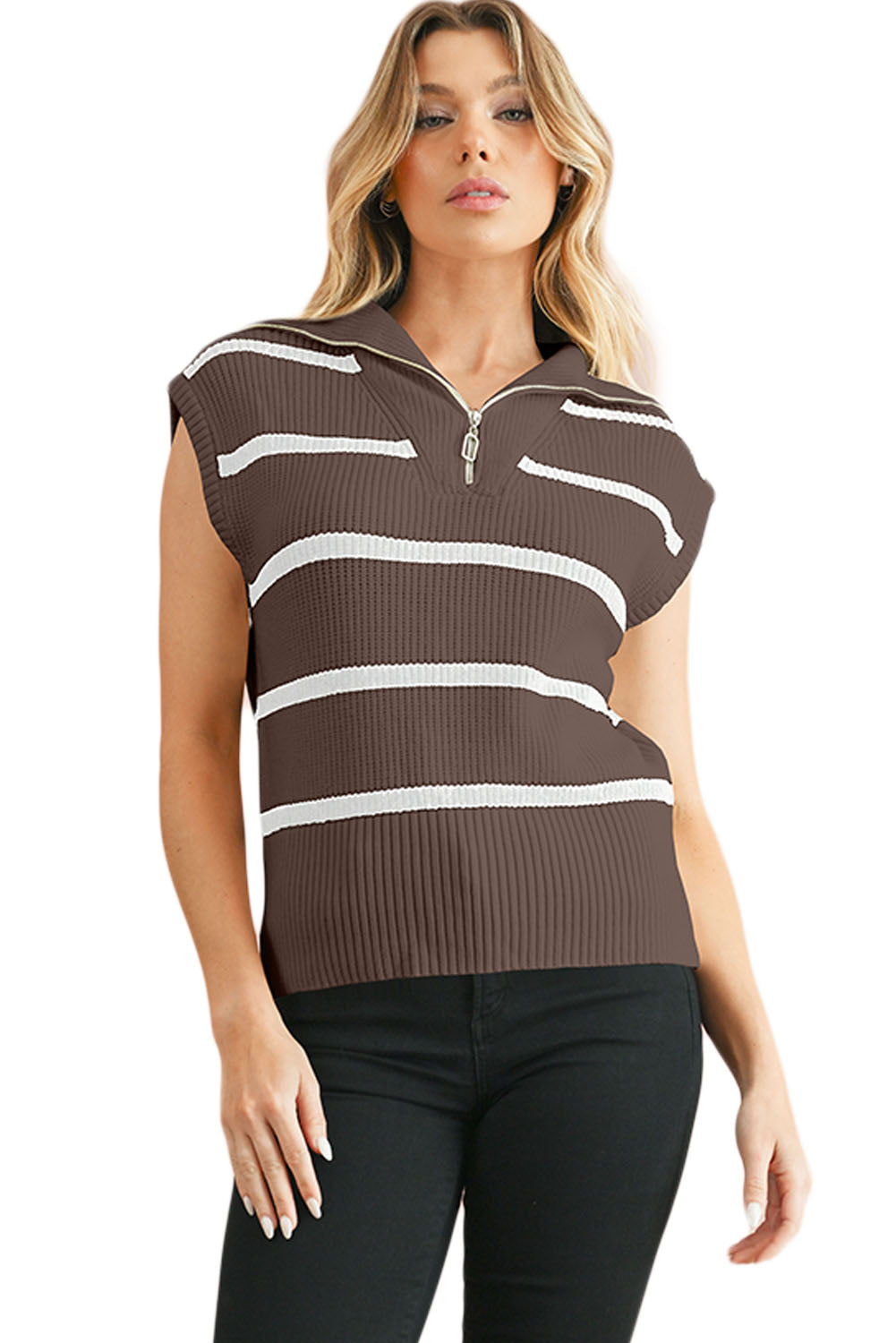 Brown Stripe Zipped Collar Cap Sleeve Knit Top