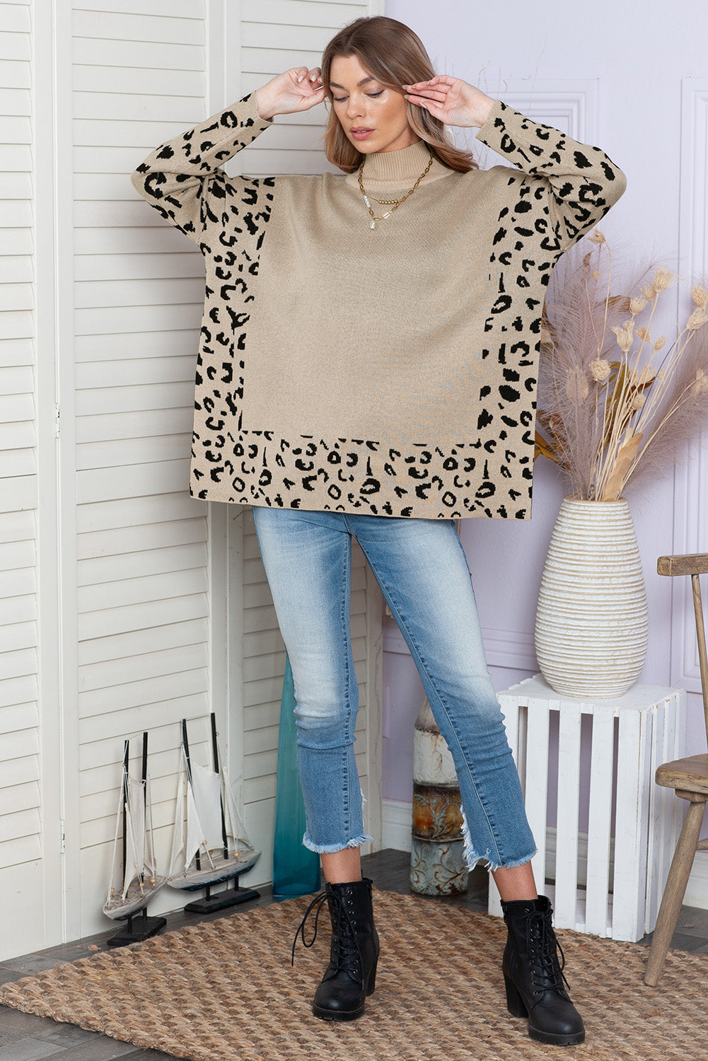 Khaki Leopard Casual Side Slit High Neck Oversized Sweater