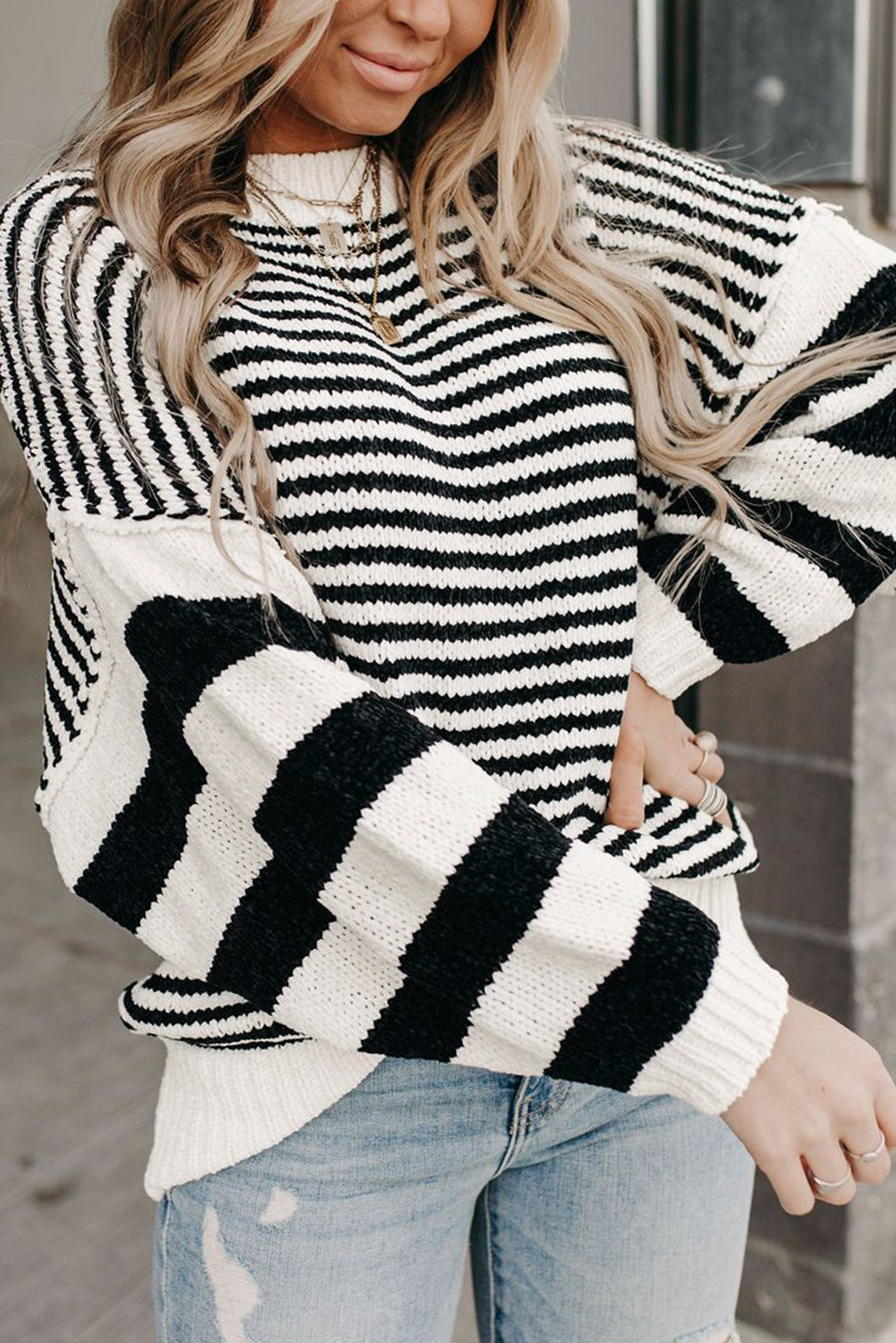 Black & White Striped Drop Sleeve Knit Sweater