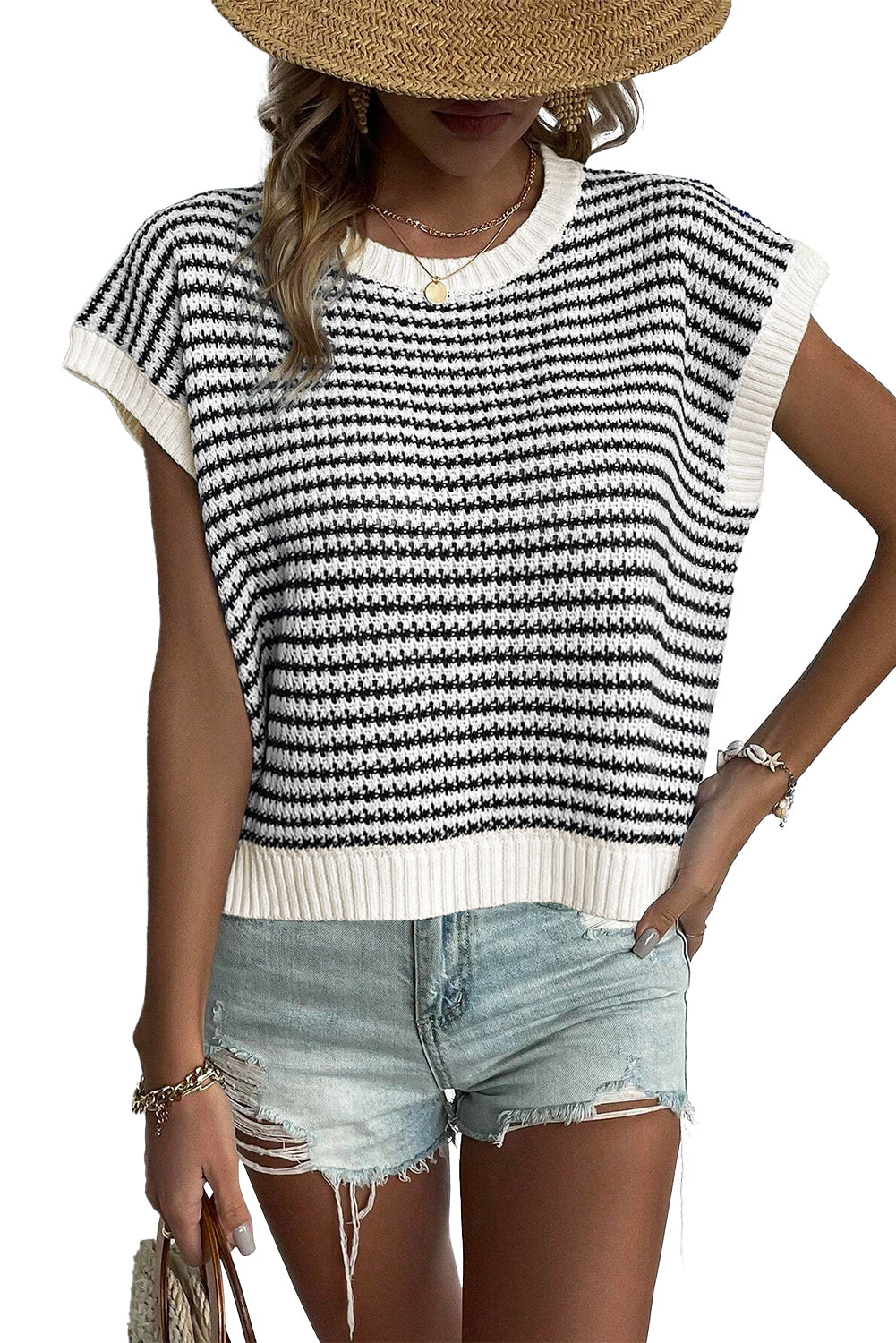 Blue Stripe Contrast Trim Knit Dolman Top