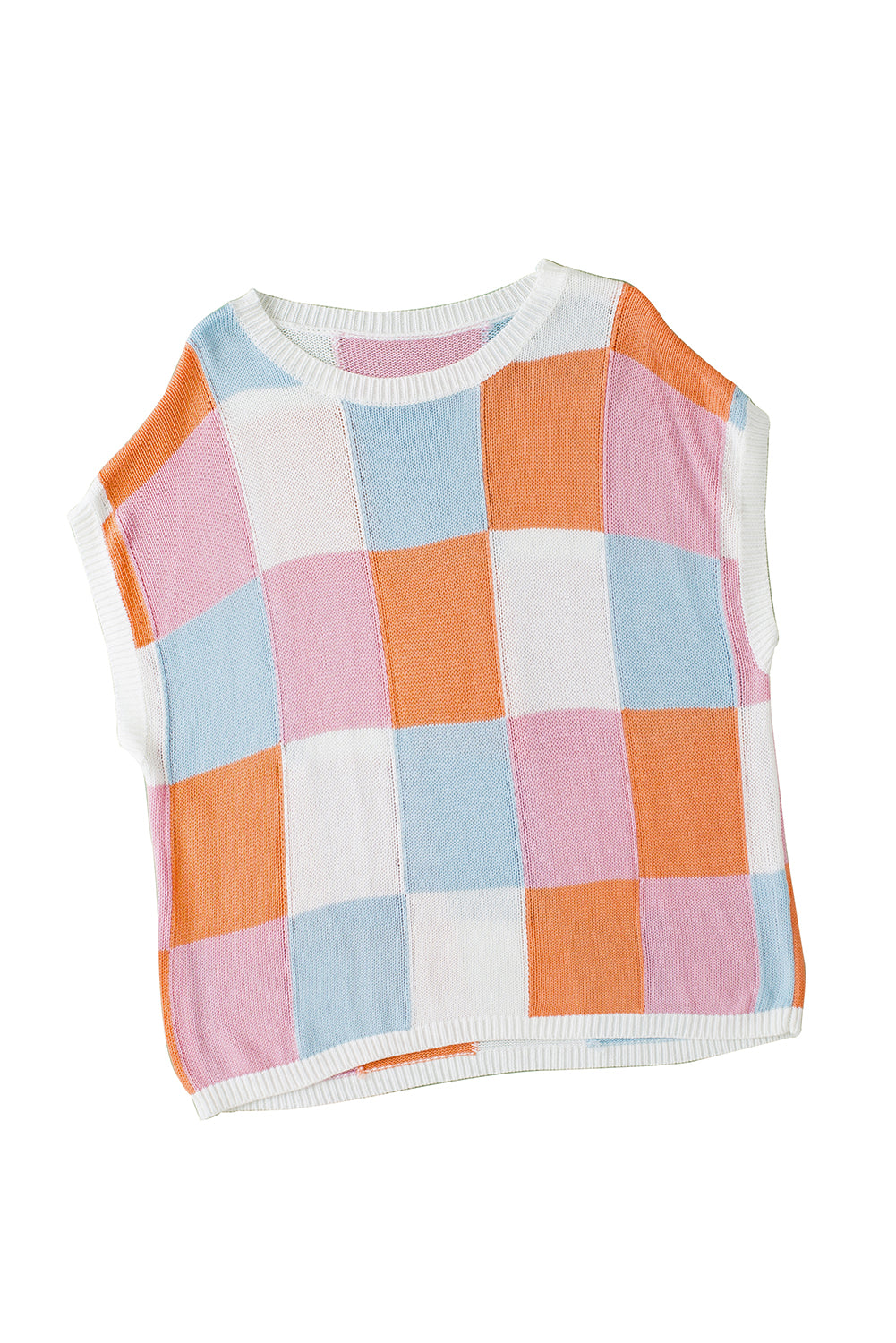 Grapefruit Orange Checkered Color Block Cap Sleeve Knitted Top