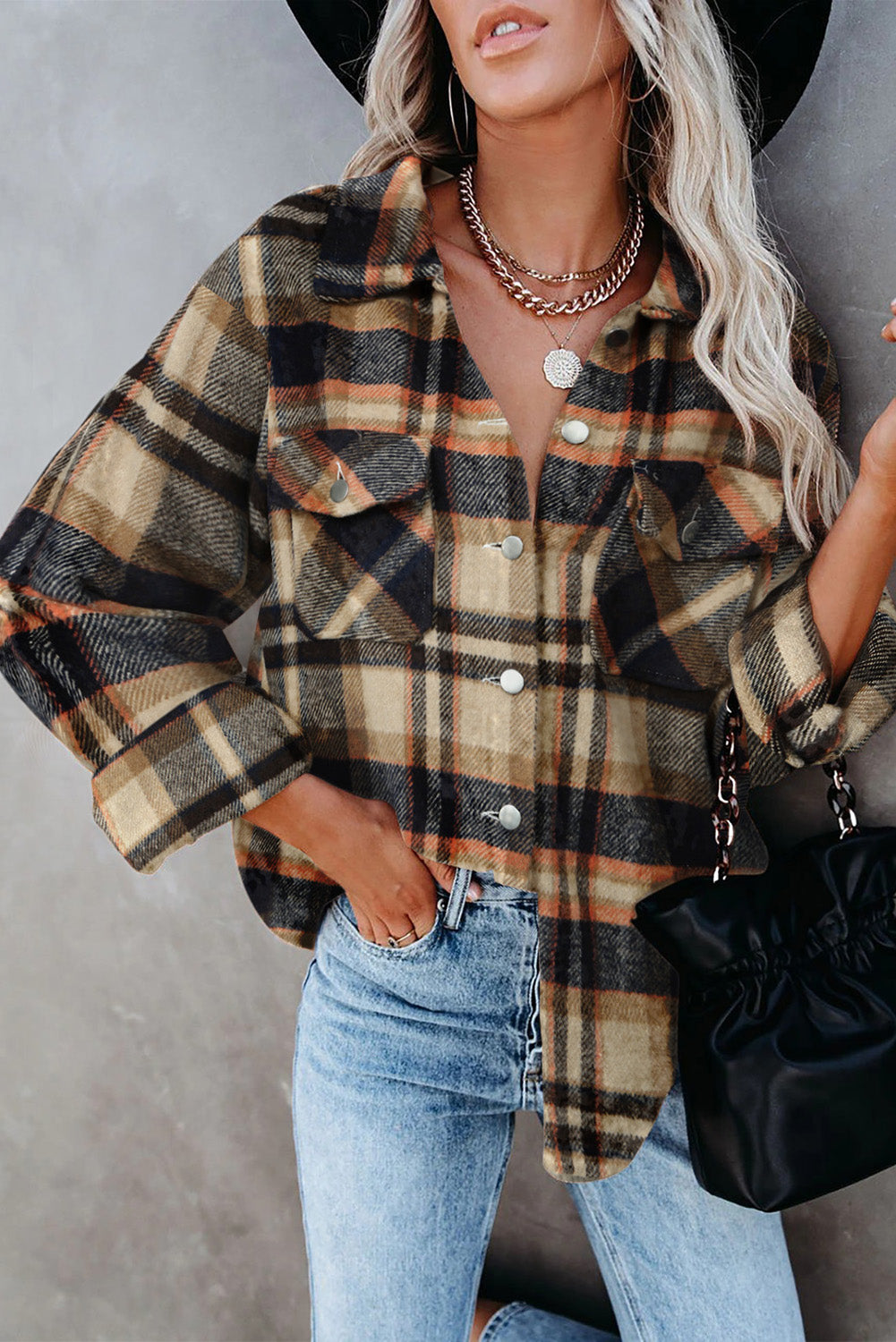 Brown Plaid Button Up Long Sleeve Flannel Shacket