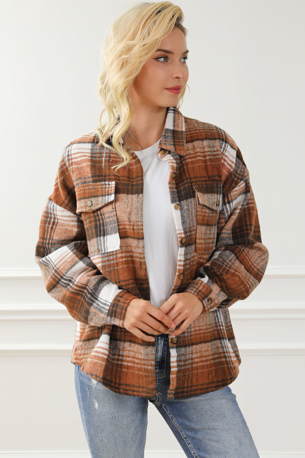 Gold Flame & Grey Plaid Button Up Collared Flannel Shacket