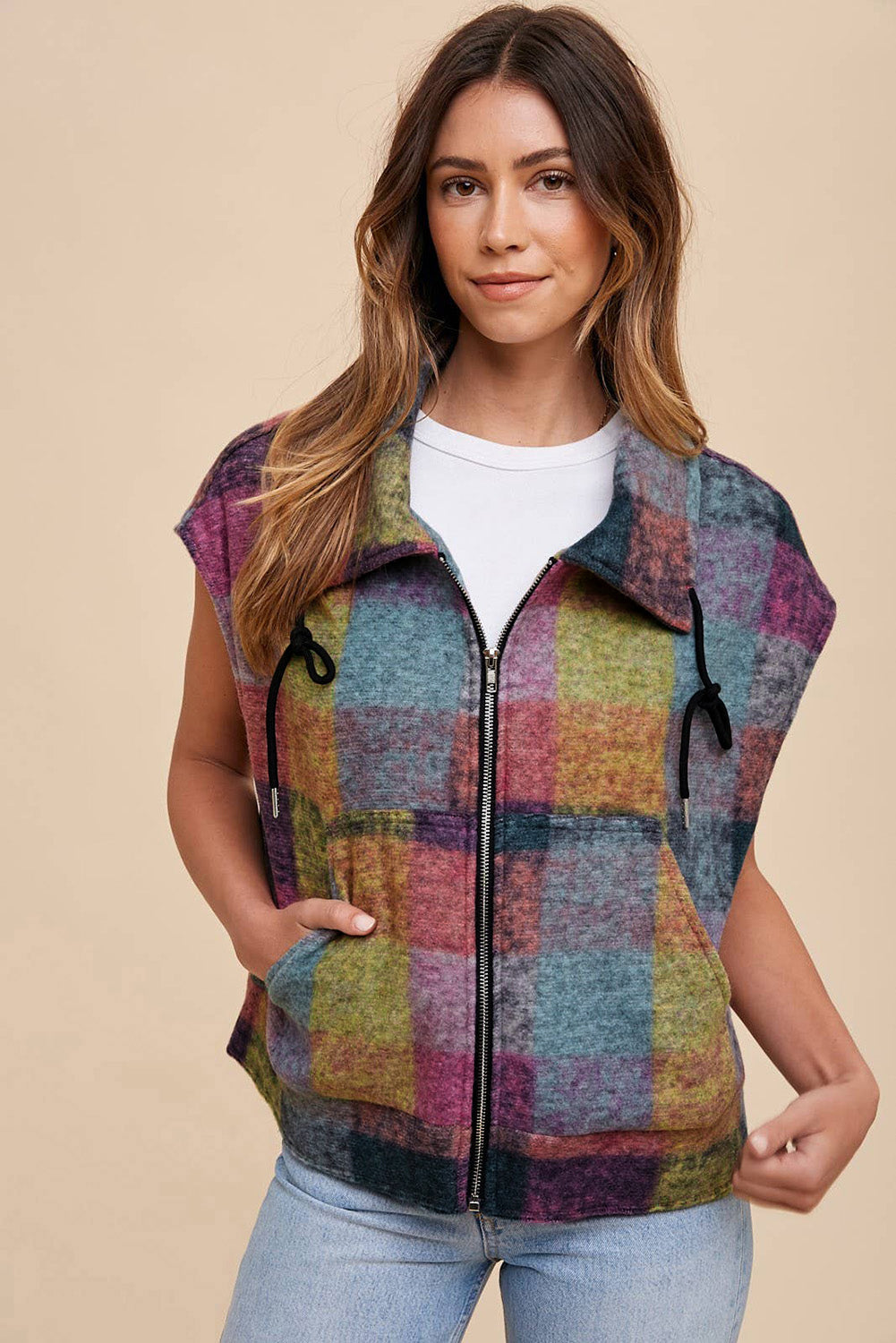 Pink Brushed Checked Print Side Pockets Zipper Jacket Vest