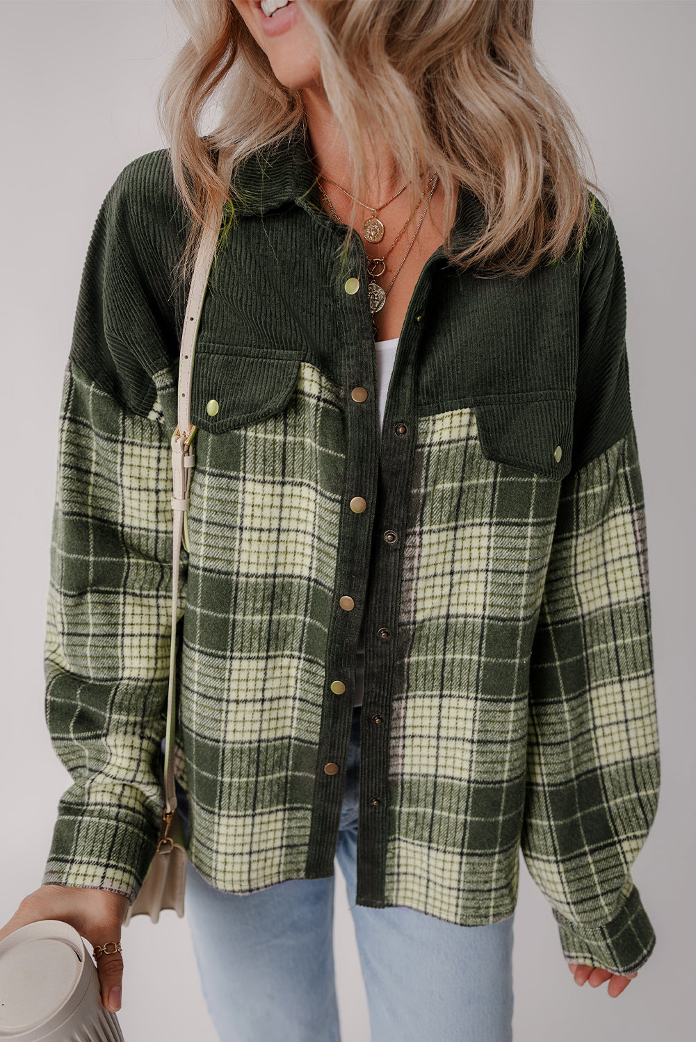 Blackish Green Snap Buttons Patchwork Plaid Shacket