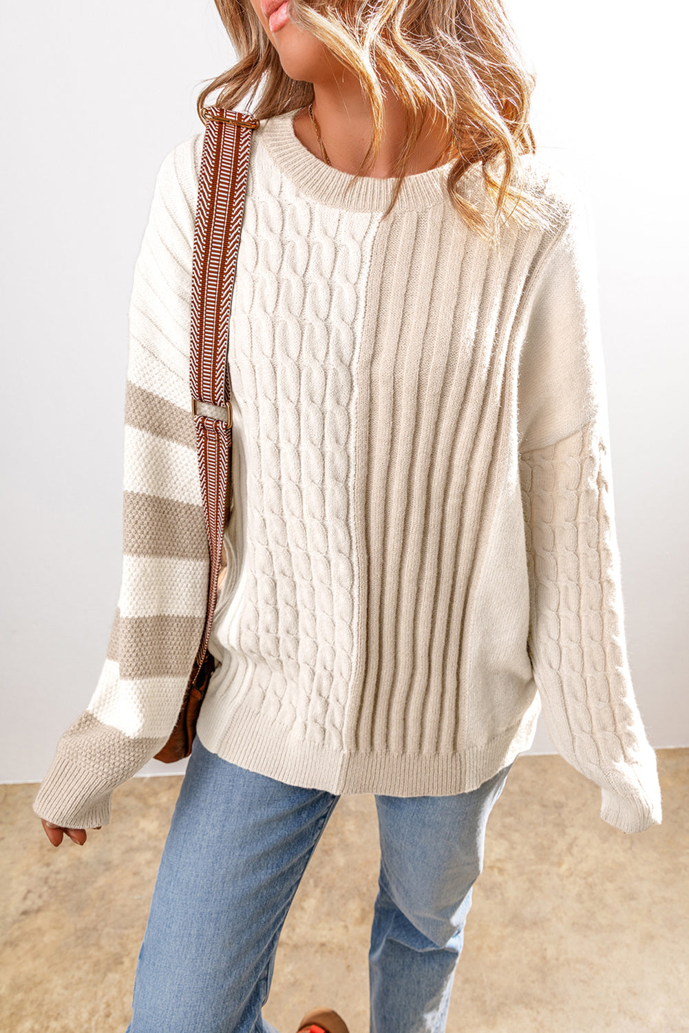 Khaki Cable Knit Colorblock Crew Neck Drop Shoulder Sweater