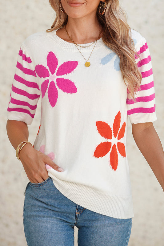 White Colorful Floral Print Striped Sleeve Knitted Tee