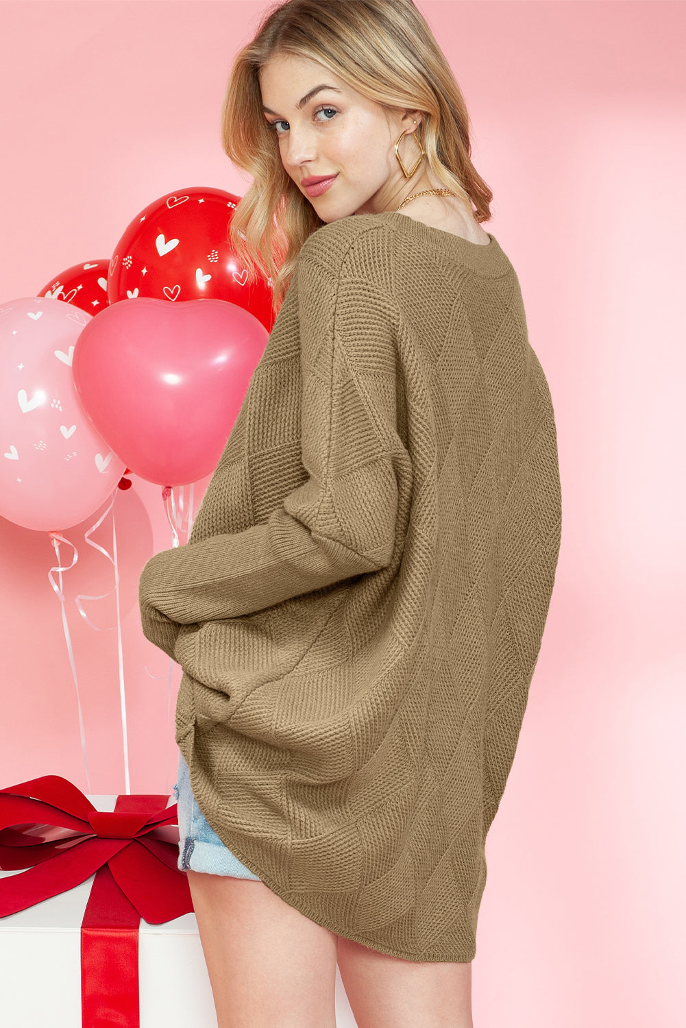 Camel Plain V Neck Batwing Sleeve Oversized Sweater