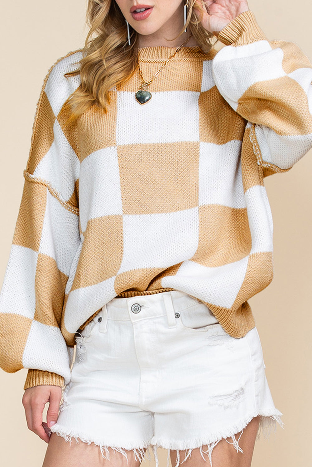 Orange & White Plaid Exposed Seam Bishop Sleeve Sweater