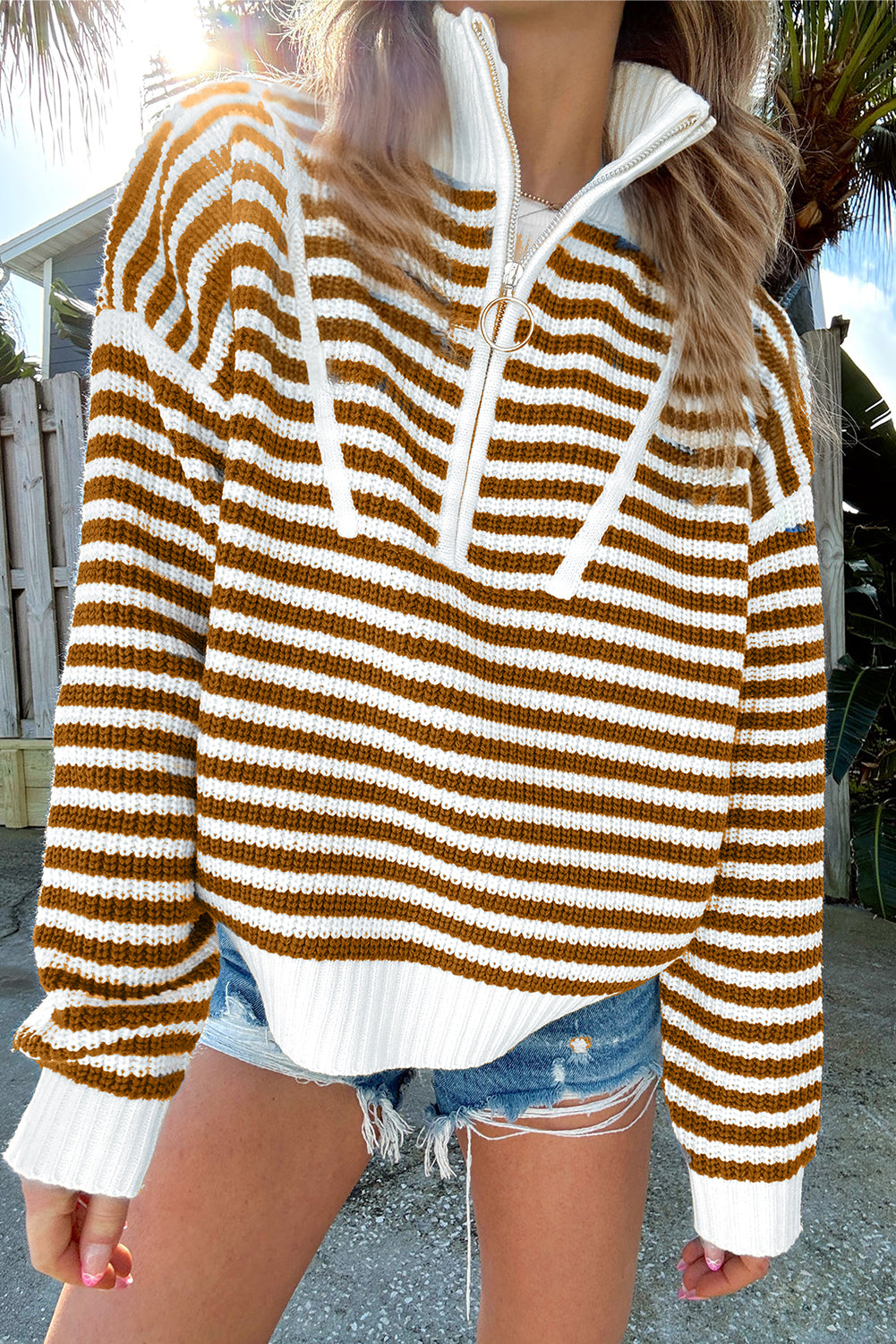 Sky Blue Stripe Zip up Collar Drop Sleeve Sweater