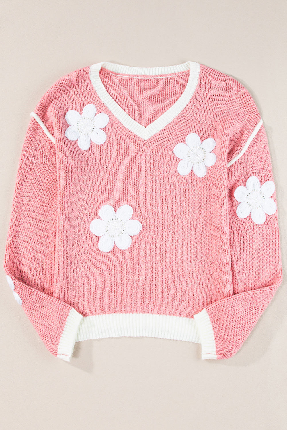 Pink Floral Patched Contrast Trim V Neck Sweater