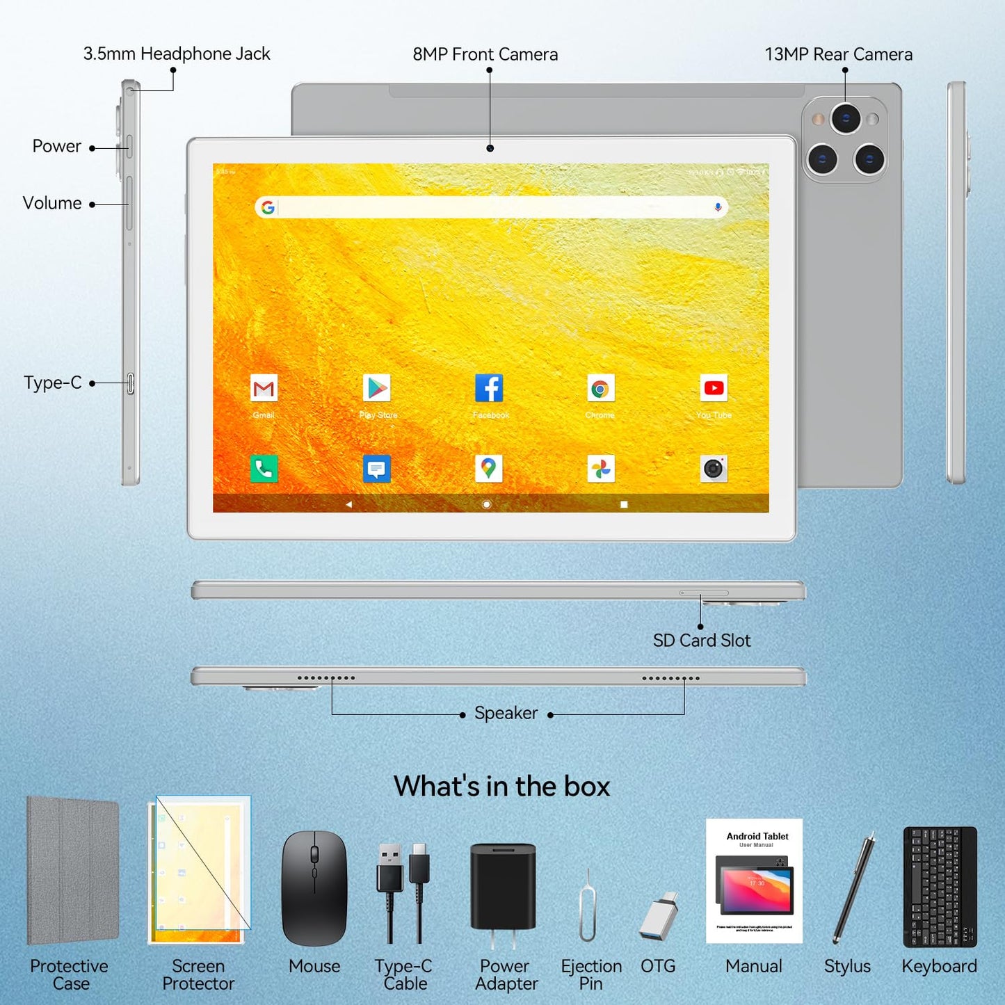 Tablet 2024 Latest Android 13 Tablet 128GB + 16GB (8+8 Expand) Large Storage, 2 in 1 Tablet with Keyboard, Octa-Core Processor Tablet 10 Inch Screen, 5G WiFi Tablet Bluetooth/Mouse/Case/13MP Camera