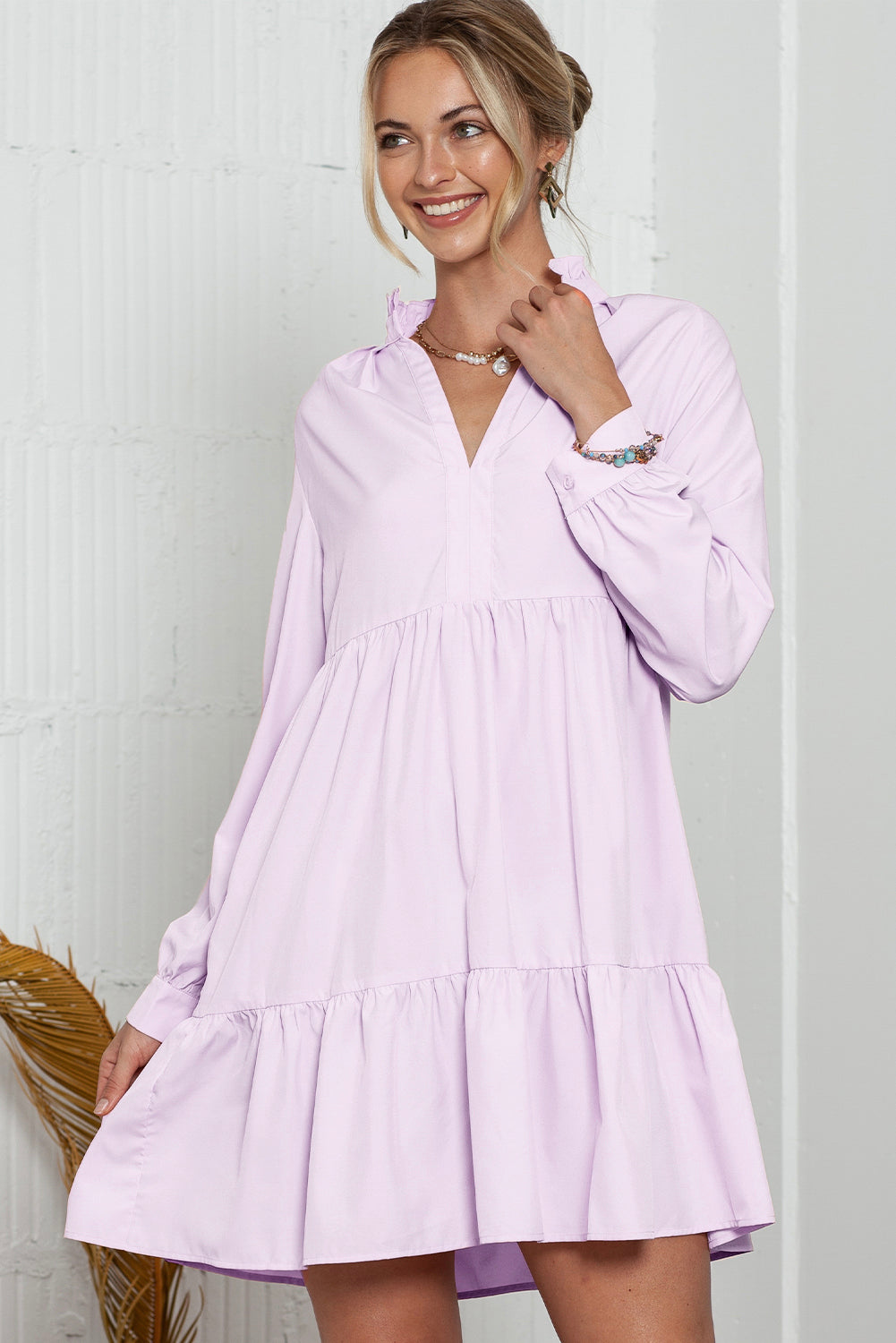 Pink Casual Stand V Neck Short Frill Dress