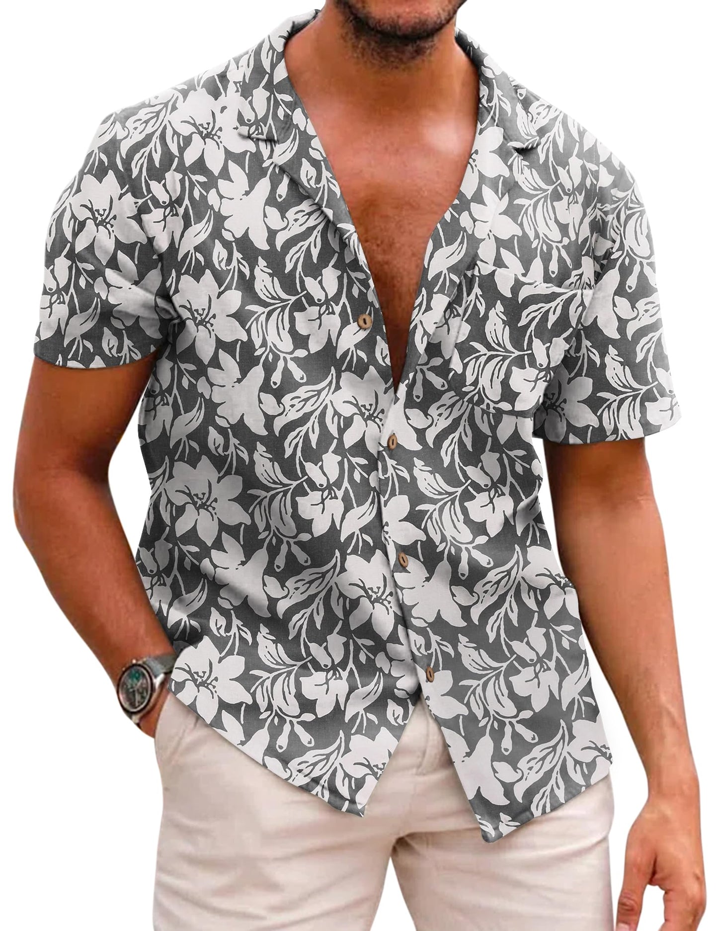 COOFANDY Men Hawaiian Floral Shirts Loose Fit Tropical Holiday Linen Beach Shirts