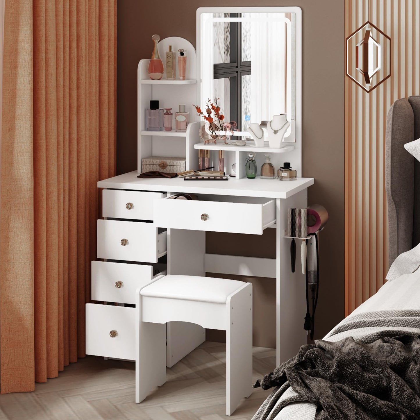 AGOTENI Large Vanity Table Set Makeup Vanity Dressing Table with Mirror, 5 Drawers & Shelves, Dresser Desk and Cushioned Stool Set (White Lighted Mirror)