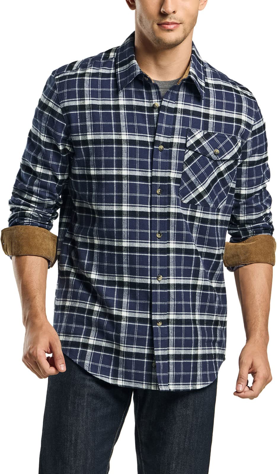 CQR Men's All Cotton Flannel Shirt, Long Sleeve Casual Button Up Plaid Shirt, Brushed Soft Outdoor Shirts, Solid Hunter Green, Large