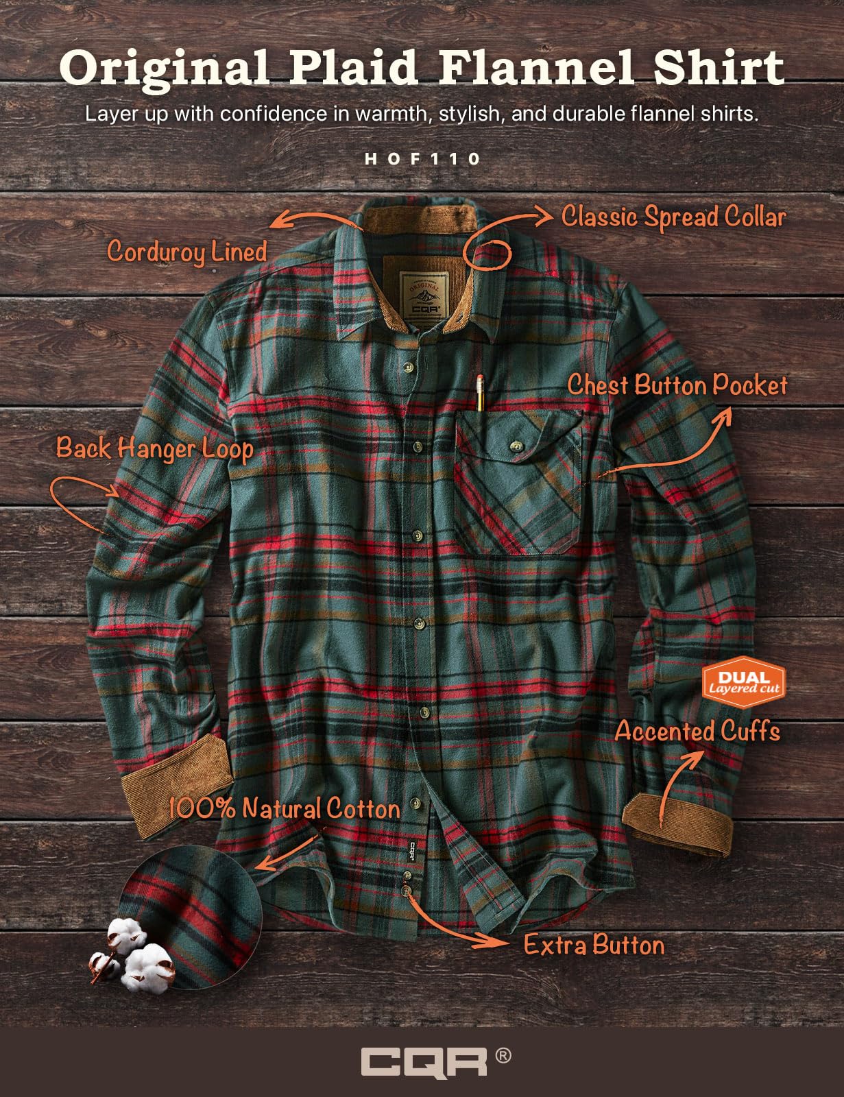 CQR Men's All Cotton Flannel Shirt, Long Sleeve Casual Button Up Plaid Shirt, Brushed Soft Outdoor Shirts, Solid Hunter Green, Large