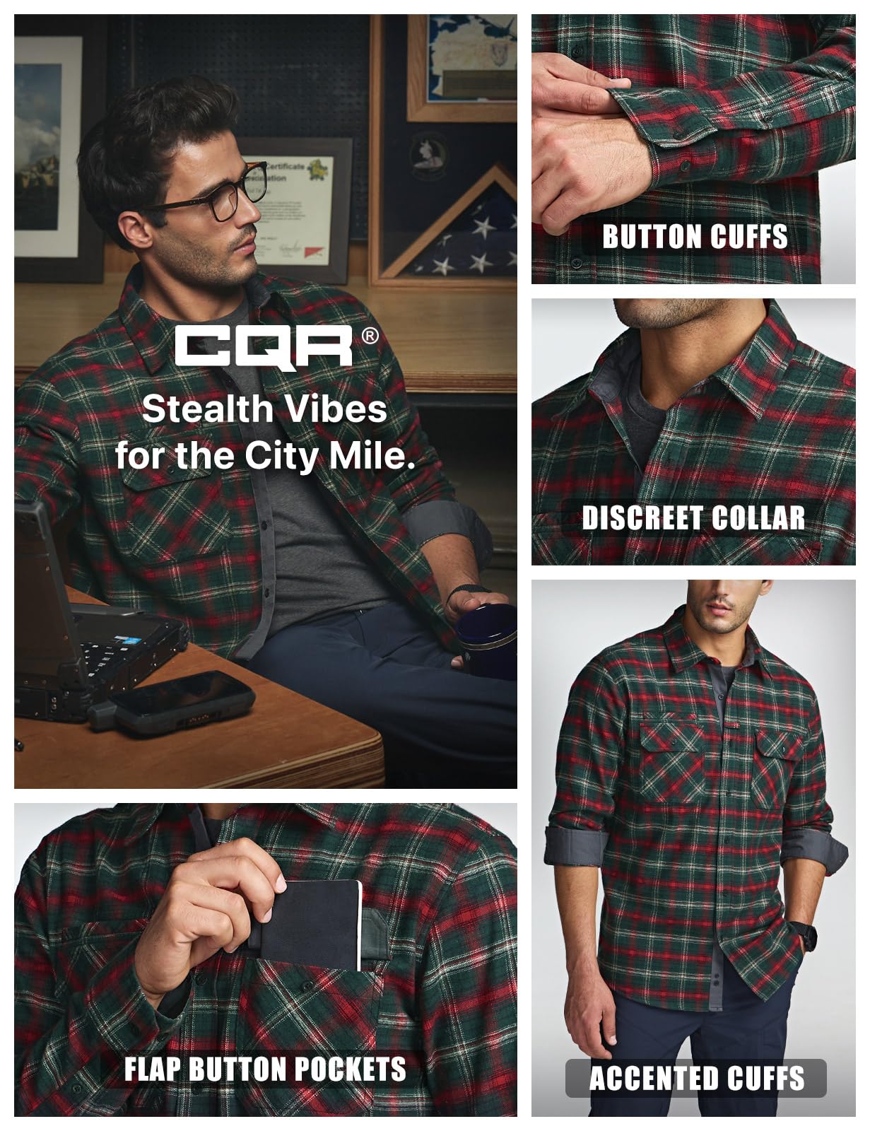 CQR Men's All Cotton Flannel Shirt, Long Sleeve Casual Button Up Plaid Shirt, Brushed Soft Outdoor Shirts, Solid Hunter Green, Large