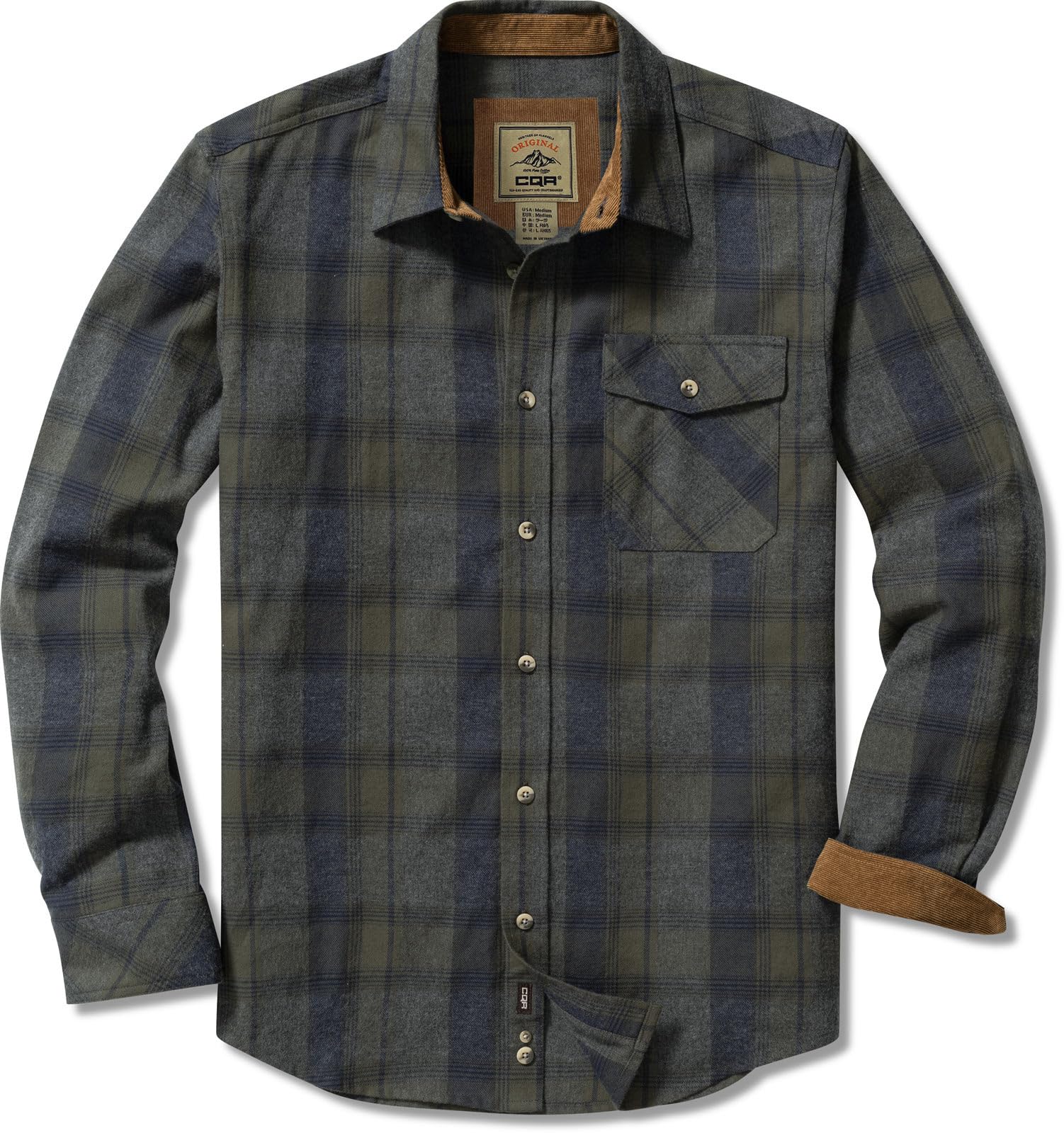 CQR Men's All Cotton Flannel Shirt, Long Sleeve Casual Button Up Plaid Shirt, Brushed Soft Outdoor Shirts, Solid Hunter Green, Large