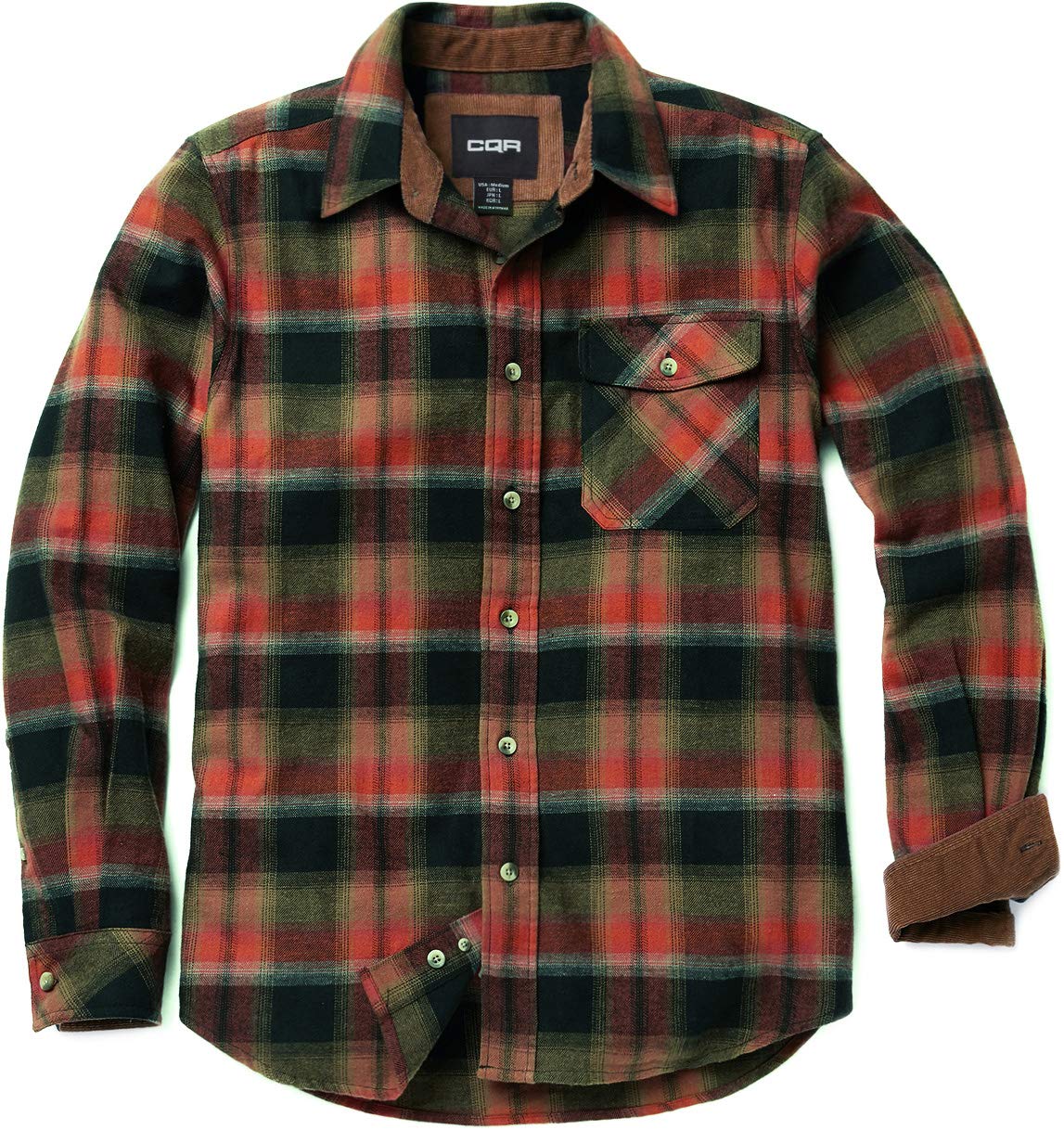 CQR Men's All Cotton Flannel Shirt, Long Sleeve Casual Button Up Plaid Shirt, Brushed Soft Outdoor Shirts, Solid Hunter Green, Large