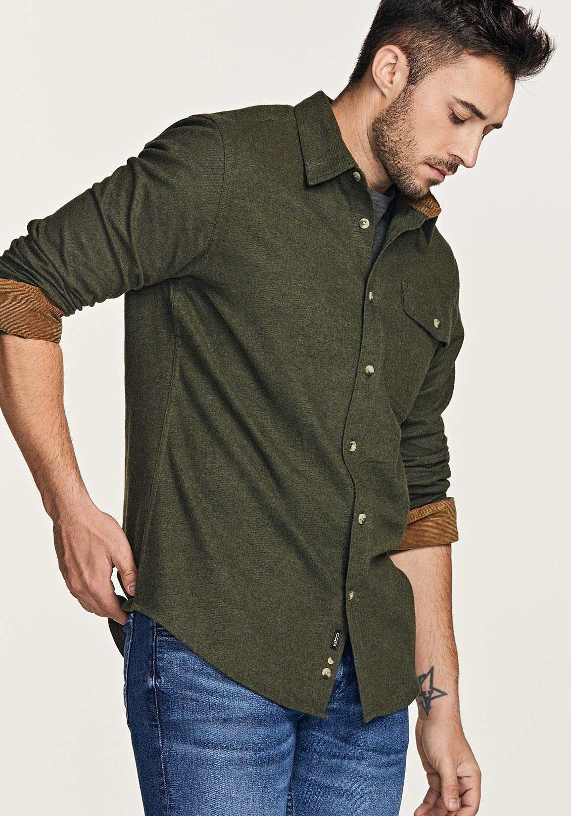 CQR Men's All Cotton Flannel Shirt, Long Sleeve Casual Button Up Plaid Shirt, Brushed Soft Outdoor Shirts, Solid Hunter Green, Large