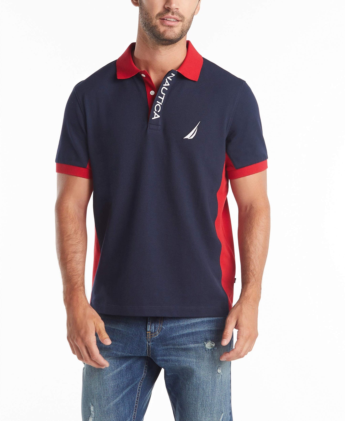 Nautica Men's Short Sleeve Color Block Performance Pique Polo Shirt, Navy, Large