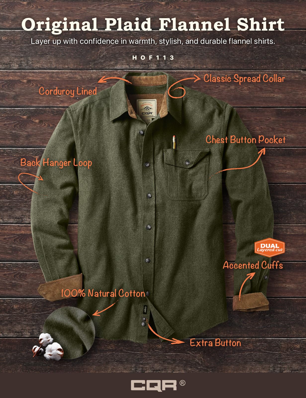 CQR Men's All Cotton Flannel Shirt, Long Sleeve Casual Button Up Plaid Shirt, Brushed Soft Outdoor Shirts, Solid Hunter Green, Large