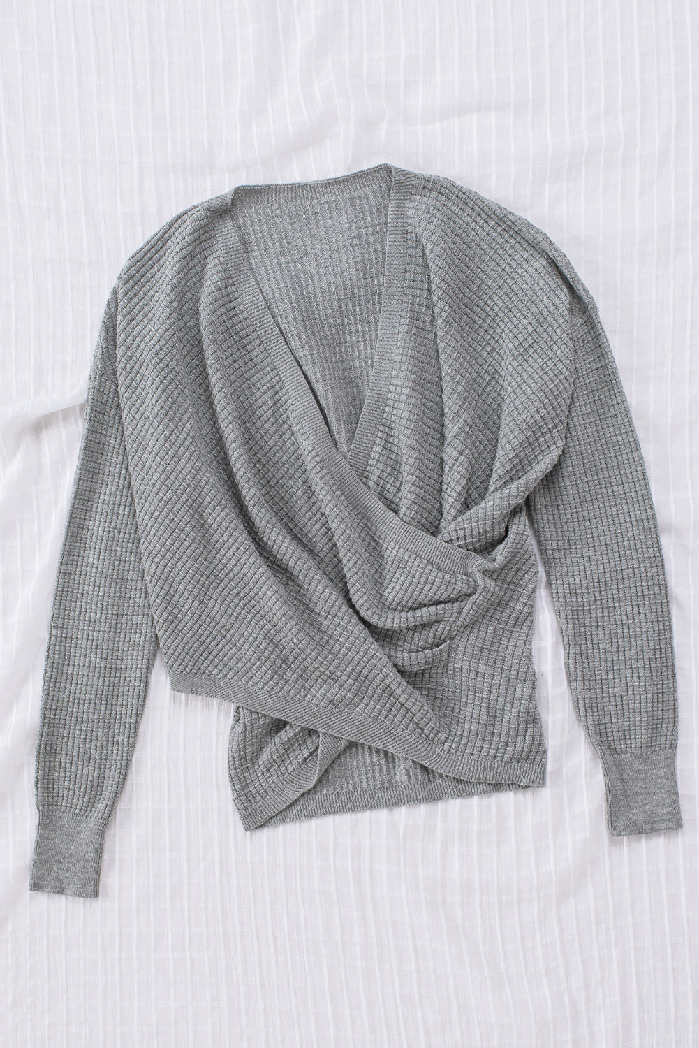 Grey Wrap Deep V-neck Casual Long Sleeve Knit Sweater