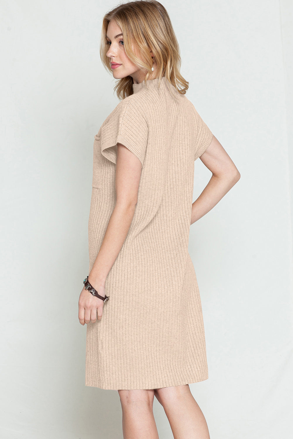 Taupe Patch Pocket Ribbed Knit Short Sleeve Sweater Dress