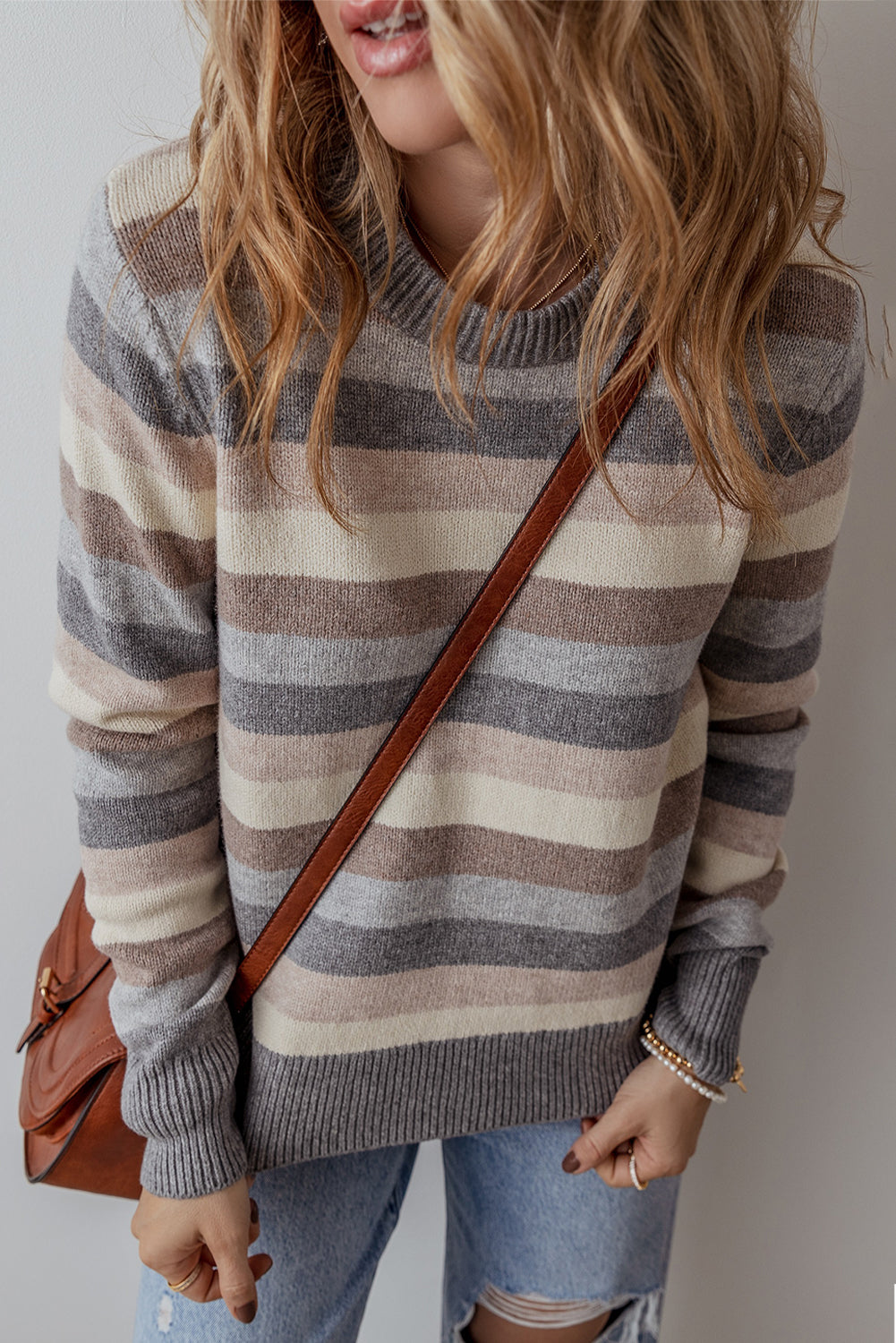 Gray Striped Ribbed Edge Round Neck