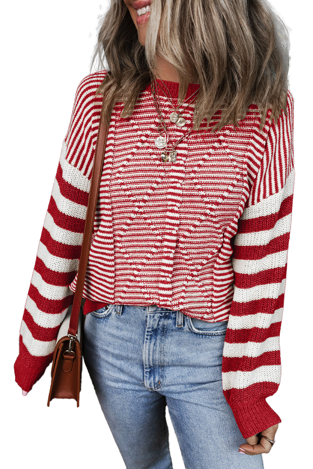 Gray Stripe Twisted Knitted Drop Shoulder Sweater