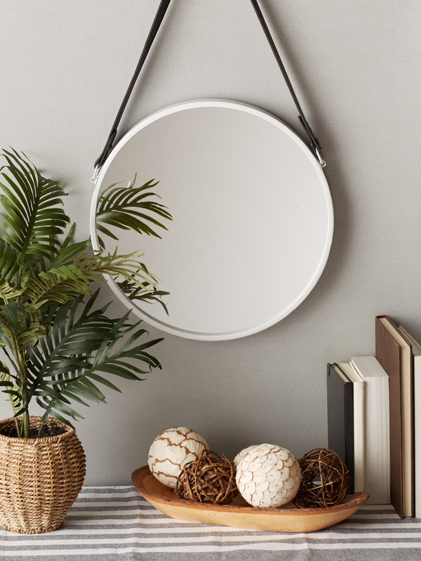 Hanging White Mirror with Faux Leather Strap - Accent Plus