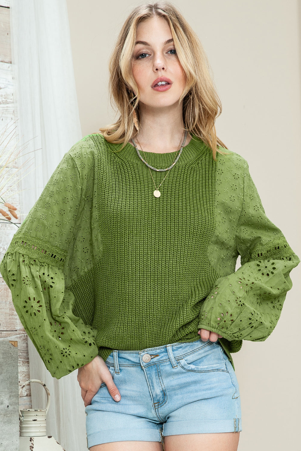 Green Eyelet Drop Shoulder Long Sleeve Pullover Sweater