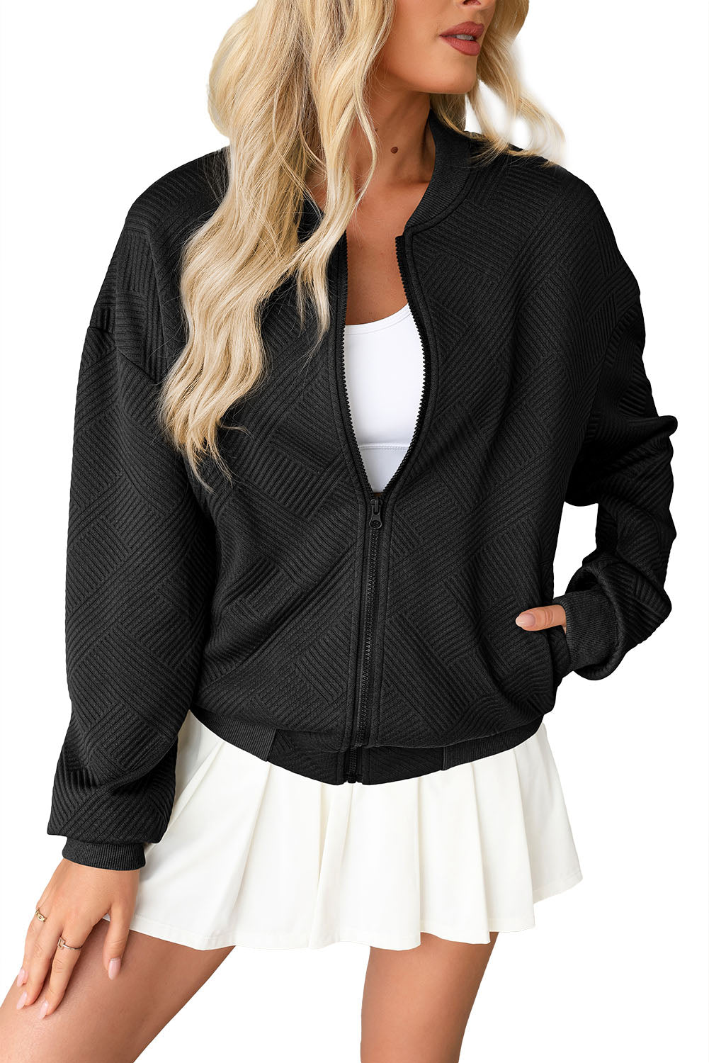 Black Plain Textured Stand Neck Zipper Bomber Jacket