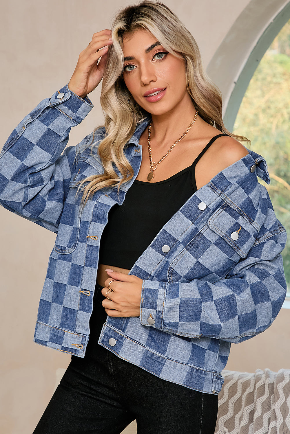 Black Checkered Patchwork Button Up Denim Jacket