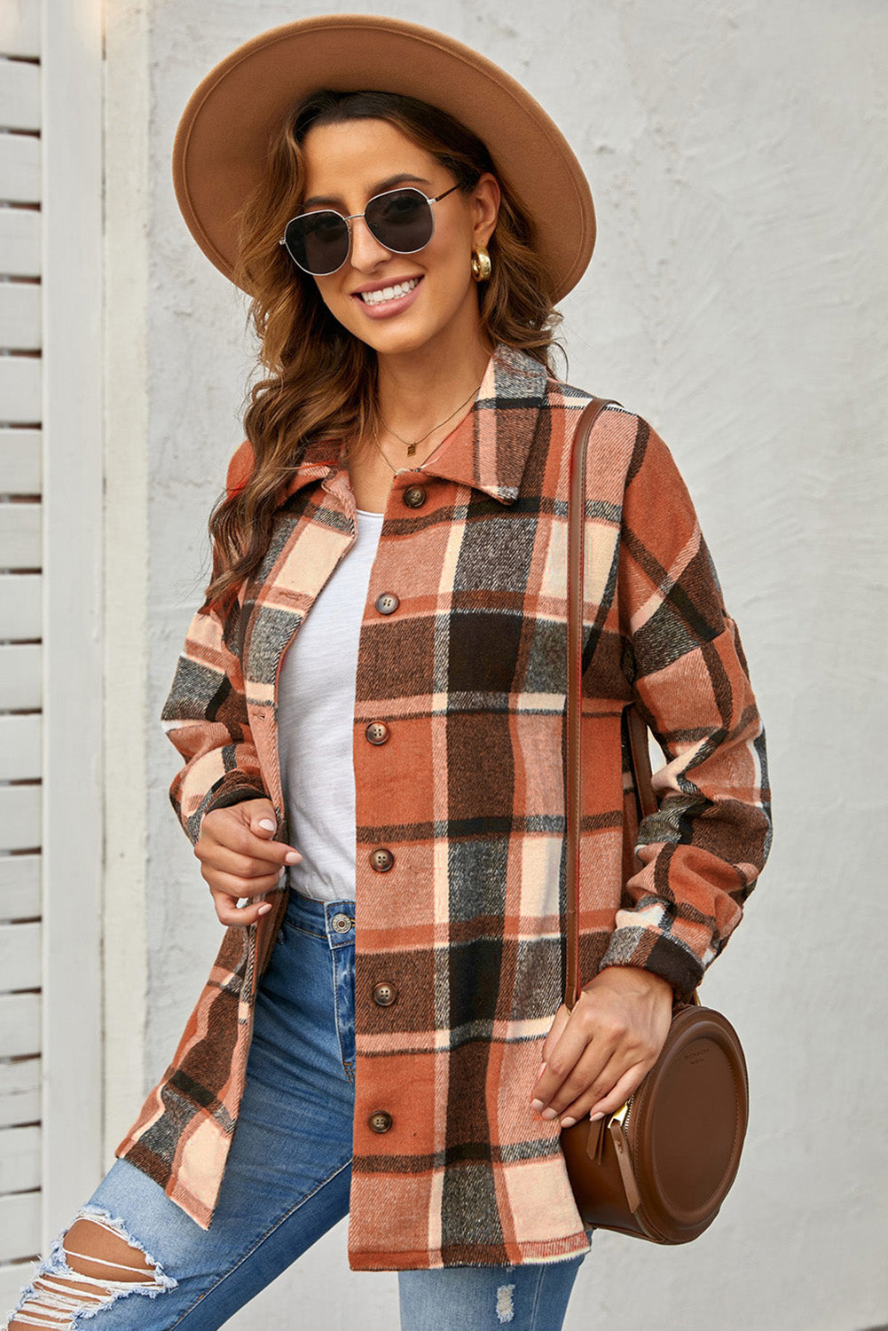 Brown Plaid Button Up Long Sleeve Flannel Shacket