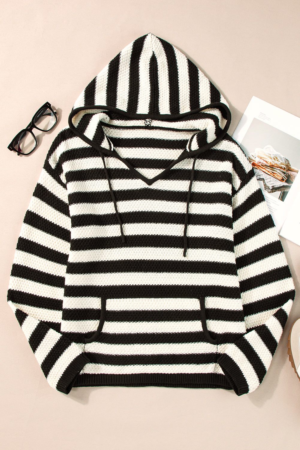 White Striped Kangaroo Pocket Hooded Sweater