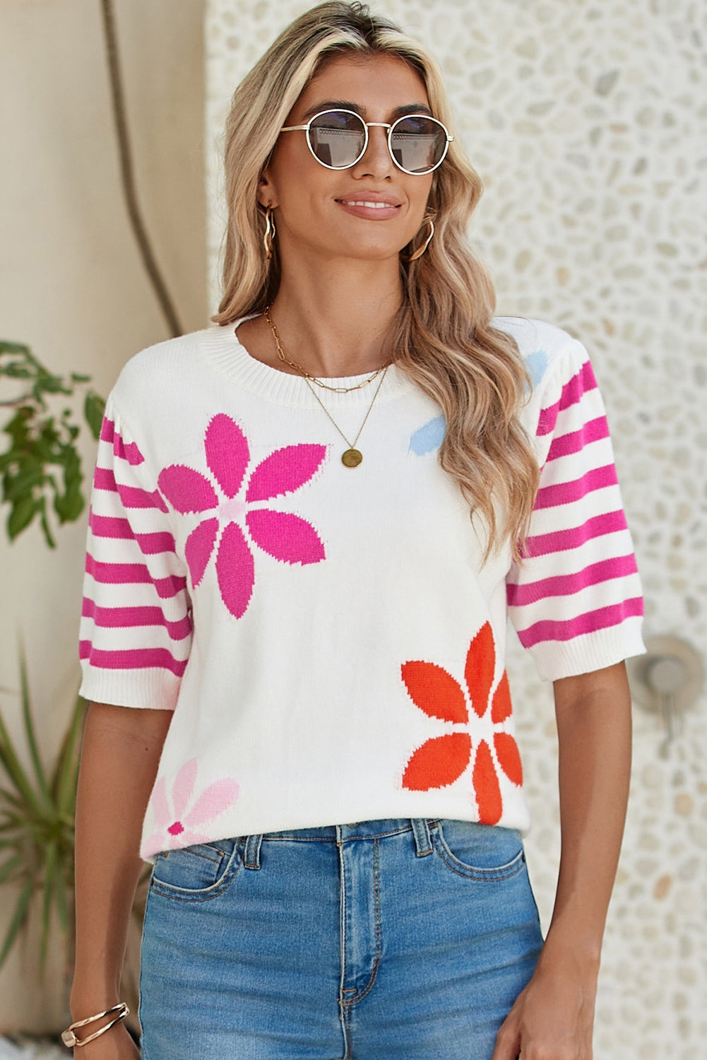 White Colorful Floral Print Striped Sleeve Knitted Tee