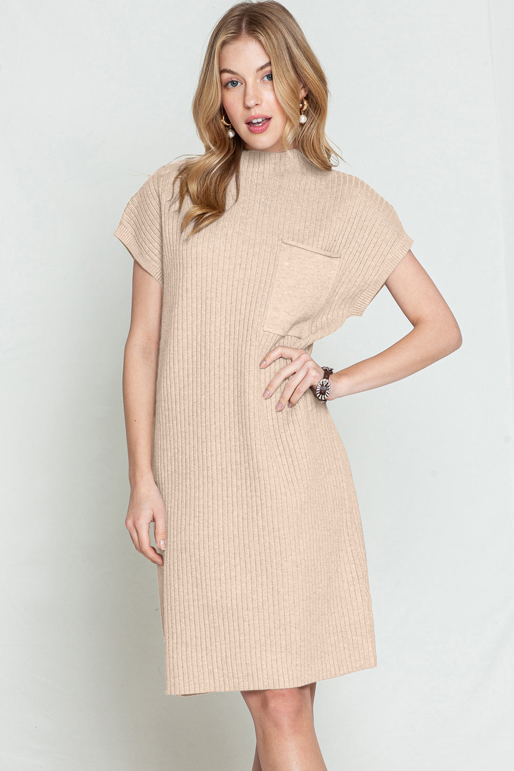 Taupe Patch Pocket Ribbed Knit Short Sleeve Sweater Dress