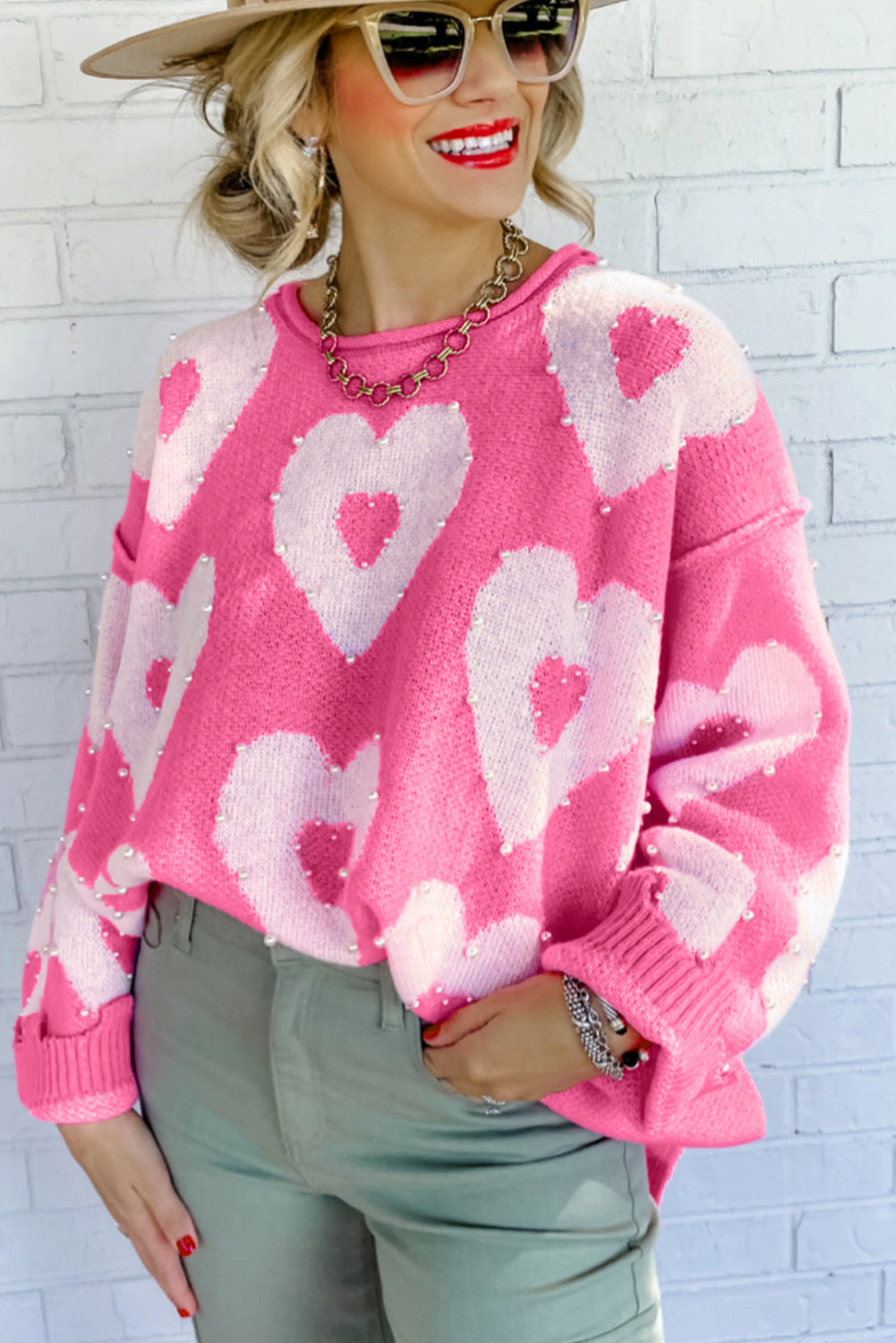 Bonbon Pearl Beaded Heart Drop Shoulder Sweater