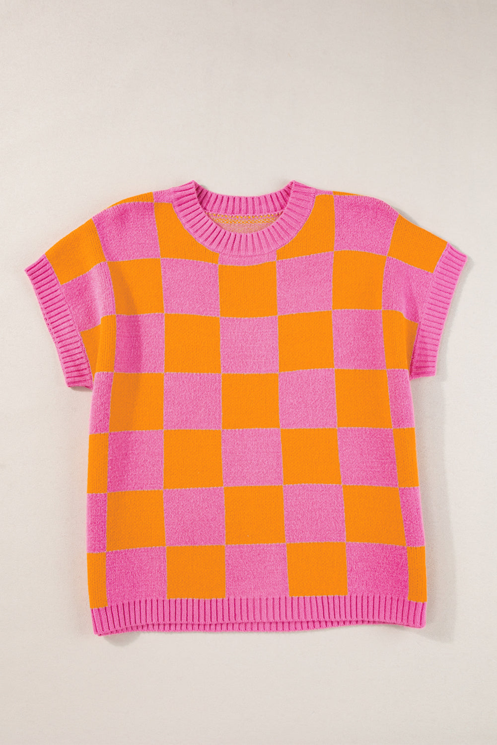 Strawberry Pink Colorblock Plaid Knit Dolman Tee